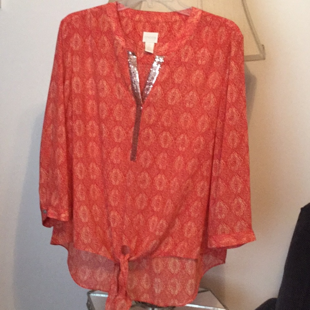 CHICOS CORAL BLOUSE WITH SEQUIN TRIM. SIZE 2 (12).